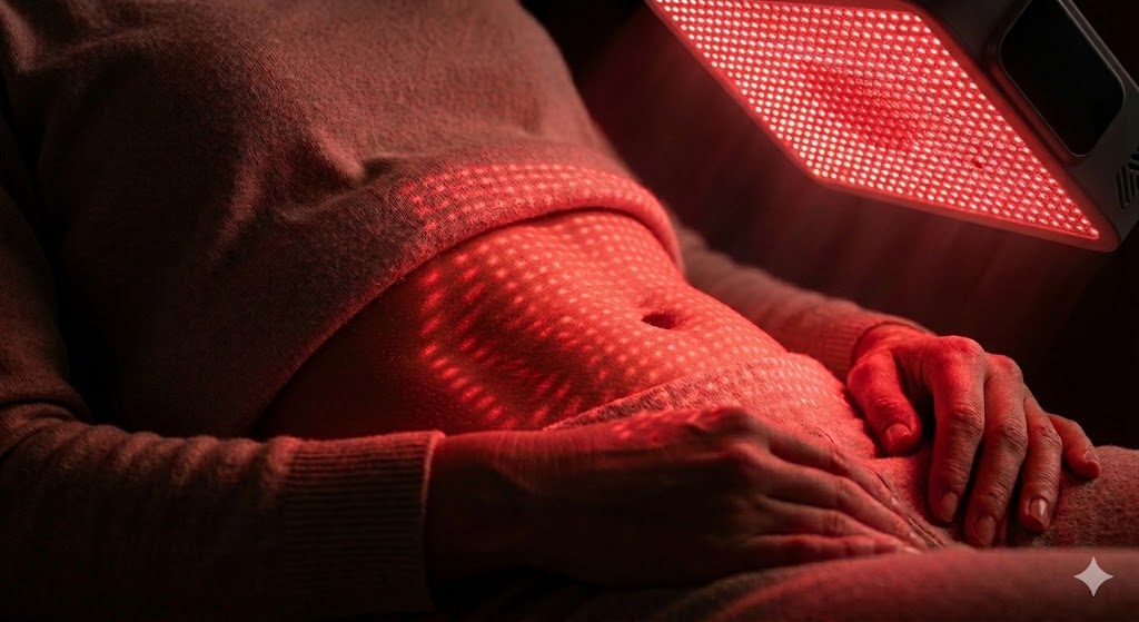 Panneau de photobiomodulation appliqué sur l'abdomen